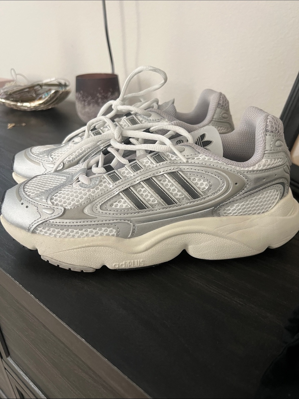 adidas Silver and White Retro Runner Sneakers